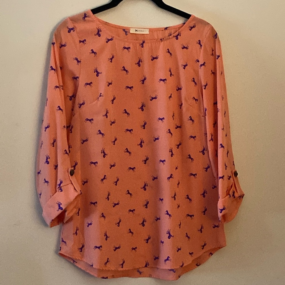 Everly (By Nordstrom) Women’s 3/4 Sleeve Peach Blouse with Purple Horses